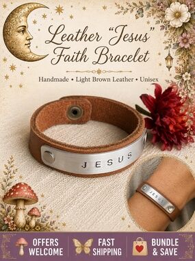 Handmade Light Brown Leather “Jesus” Bracelet Silver‑Tone Plate Unisex 9”